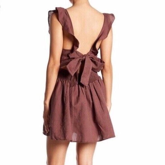Free People | Erin Skater Linen Mini Dress Womens XS Brown Ruffle Open Back - Picture 1 of 10